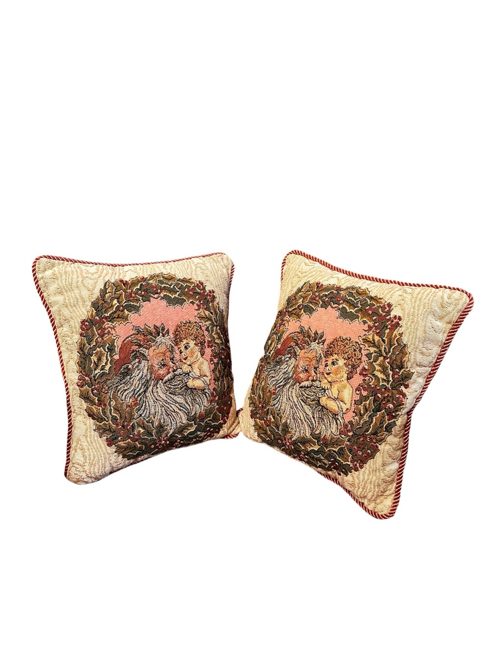 Christmas Pillow Santa Tapestry Corded Pink Back Riverdale Made USA Set Of 2